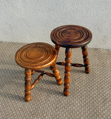 French Tripod Turned Wood Stools in the style of Charles Dudouyt, 1960s, Set of 2-WZZ-1782423