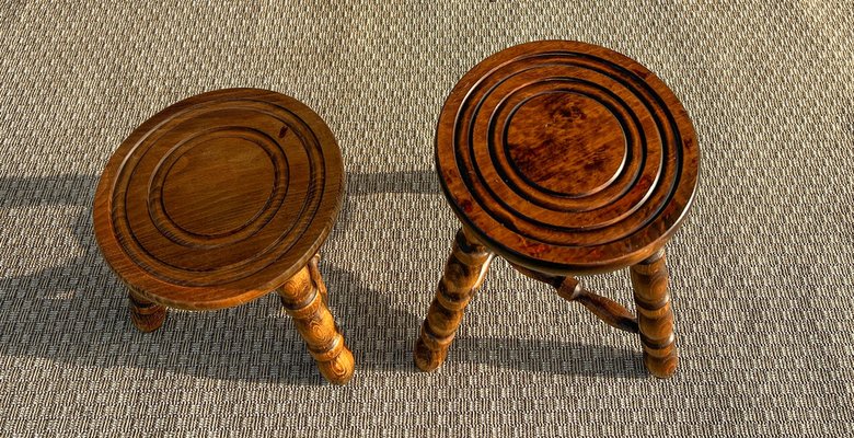 French Tripod Turned Wood Stools in the style of Charles Dudouyt, 1960s, Set of 2-WZZ-1782423