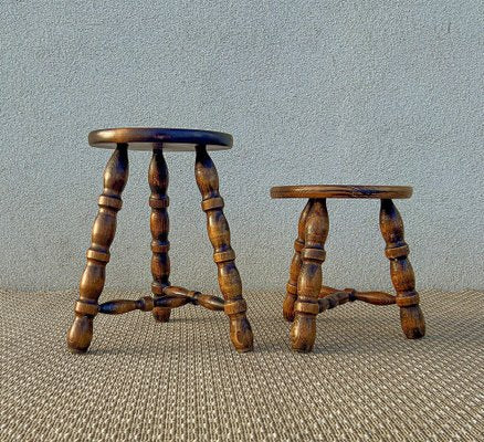 French Tripod Turned Wood Stools in the style of Charles Dudouyt, 1960s, Set of 2-WZZ-1782423