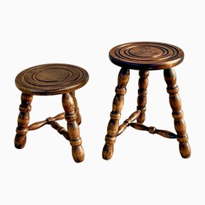 French Tripod Turned Wood Stools in the style of Charles Dudouyt, 1960s, Set of 2-WZZ-1782423