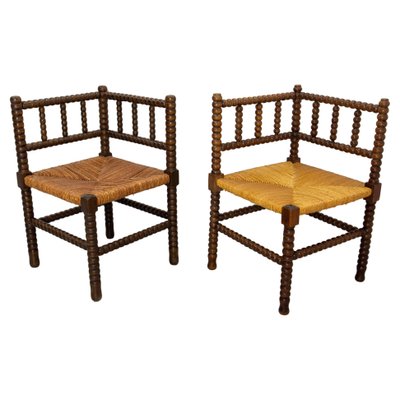 French Turned & Straw Beech Chairs, 1940s, Set of 2-RIU-1718895