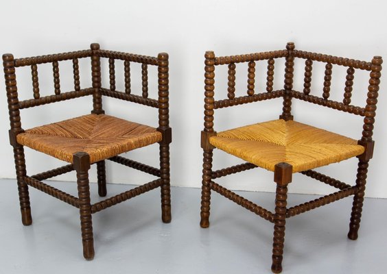 French Turned & Straw Beech Chairs, 1940s, Set of 2-RIU-1718895