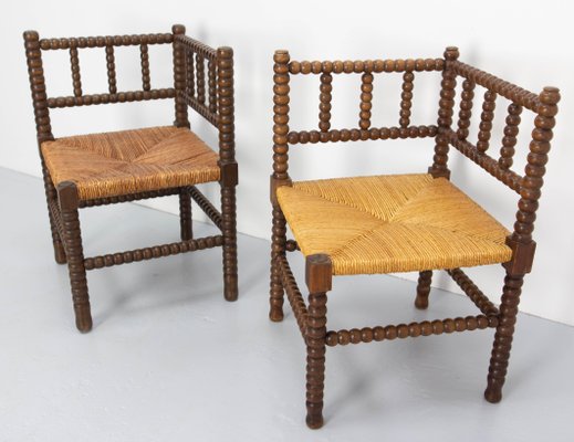 French Turned & Straw Beech Chairs, 1940s, Set of 2-RIU-1718895