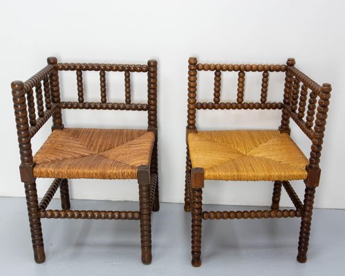 French Turned & Straw Beech Chairs, 1940s, Set of 2-RIU-1718895