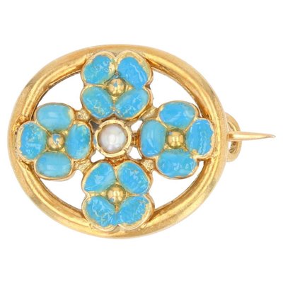 French Turquoise Enamelled Flower Brooch in 18K Yellow Gold with Natural Pearl, 1900s-OLU-1254977