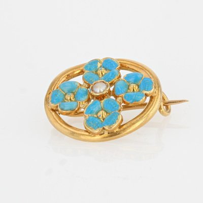 French Turquoise Enamelled Flower Brooch in 18K Yellow Gold with Natural Pearl, 1900s-OLU-1254977