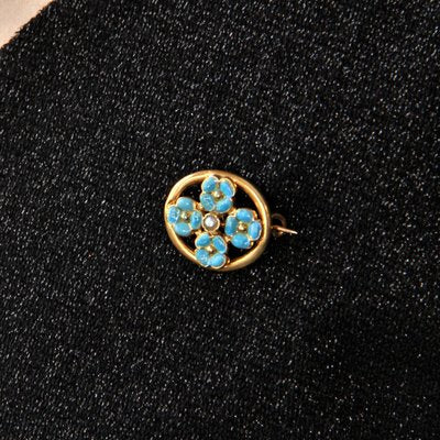 French Turquoise Enamelled Flower Brooch in 18K Yellow Gold with Natural Pearl, 1900s-OLU-1254977