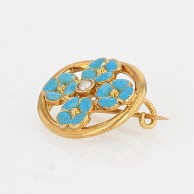 French Turquoise Enamelled Flower Brooch in 18K Yellow Gold with Natural Pearl, 1900s-OLU-1254977