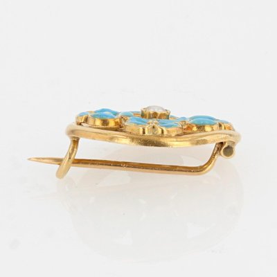 French Turquoise Enamelled Flower Brooch in 18K Yellow Gold with Natural Pearl, 1900s-OLU-1254977