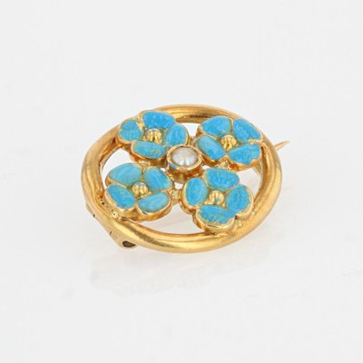 French Turquoise Enamelled Flower Brooch in 18K Yellow Gold with Natural Pearl, 1900s-OLU-1254977