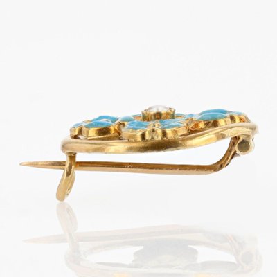 French Turquoise Enamelled Flower Brooch in 18K Yellow Gold with Natural Pearl, 1900s-OLU-1254977