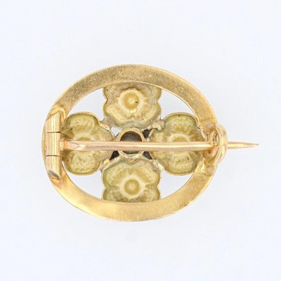 French Turquoise Enamelled Flower Brooch in 18K Yellow Gold with Natural Pearl, 1900s-OLU-1254977