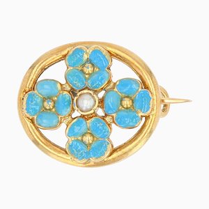 French Turquoise Enamelled Flower Brooch in 18K Yellow Gold with Natural Pearl, 1900s-OLU-1254977