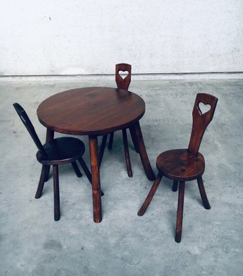 French Wabi Sabi Handcrafted Design Solid Oak Dining Table & Chairs, 1940s, Set of 4-RQV-1158490