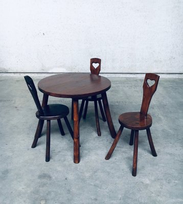 French Wabi Sabi Handcrafted Design Solid Oak Dining Table & Chairs, 1940s, Set of 4-RQV-1158490