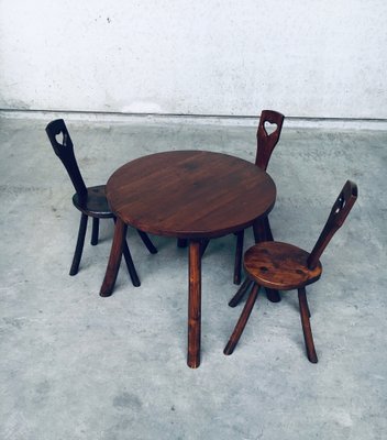 French Wabi Sabi Handcrafted Design Solid Oak Dining Table & Chairs, 1940s, Set of 4-RQV-1158490