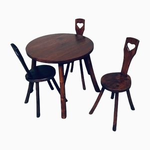 French Wabi Sabi Handcrafted Design Solid Oak Dining Table & Chairs, 1940s, Set of 4-RQV-1158490