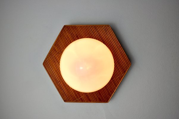 French Wall Lamp in Rattan and Opaline, 1970-EJE-1323783