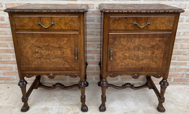 French Walnut and Burl Nightstands with Drawer, 1940, Set of 2-NOU-1747294