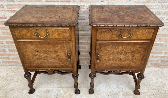 French Walnut and Burl Nightstands with Drawer, 1940, Set of 2-NOU-1747294