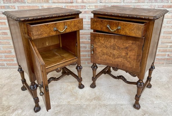 French Walnut and Burl Nightstands with Drawer, 1940, Set of 2-NOU-1747294