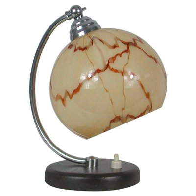 French Walnut, Chrome & Opaline Glass Table Lamp, 1930s-OE-1081256