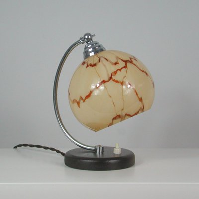 French Walnut, Chrome & Opaline Glass Table Lamp, 1930s-OE-1081256