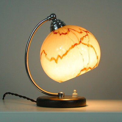 French Walnut, Chrome & Opaline Glass Table Lamp, 1930s-OE-1081256