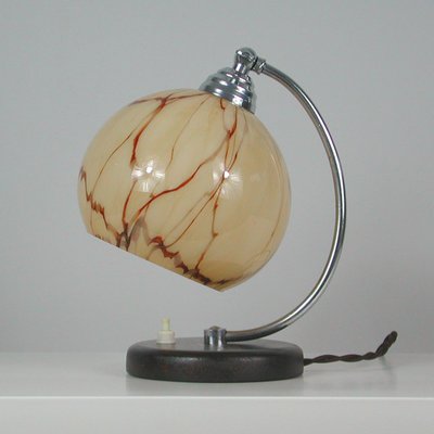 French Walnut, Chrome & Opaline Glass Table Lamp, 1930s-OE-1081256