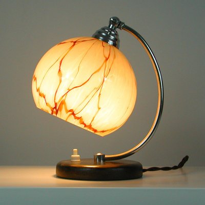 French Walnut, Chrome & Opaline Glass Table Lamp, 1930s-OE-1081256