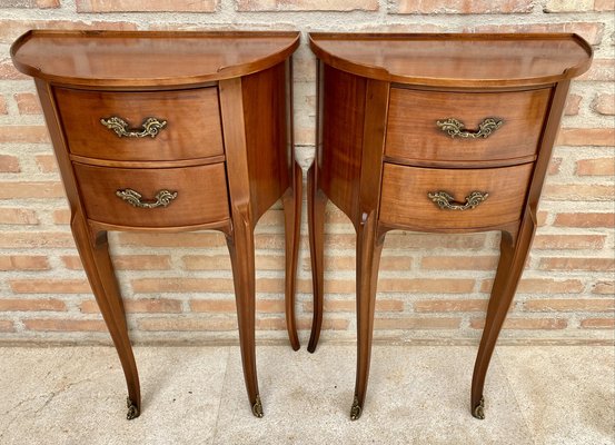 French Walnut Demilune Bedside Tables or Nightstands with 2 Drawers, Set of 2-NOU-1279644