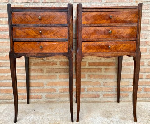 French Walnut Nightstands with 3 Drawers, 1940s, Set of 2-NOU-1431996