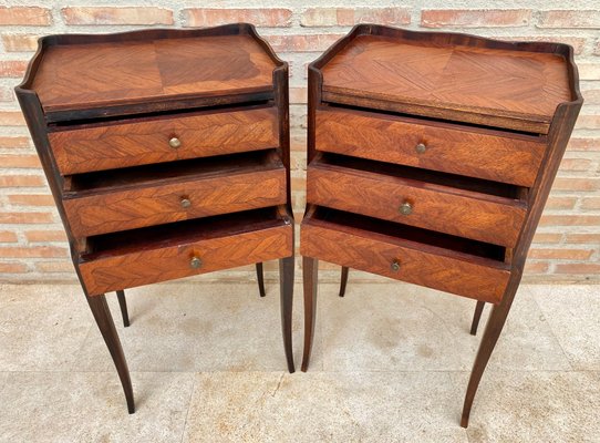 French Walnut Nightstands with 3 Drawers, 1940s, Set of 2-NOU-1431996