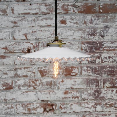 French White Opaline Milk Glass and Brass Pendant Lamp-BLS-1769128