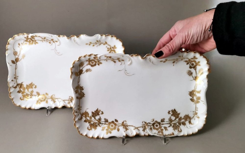 French White Porcelain Trays with Gold Decoration Trays from Haviland & Co Limoges, 1902, Set of 2