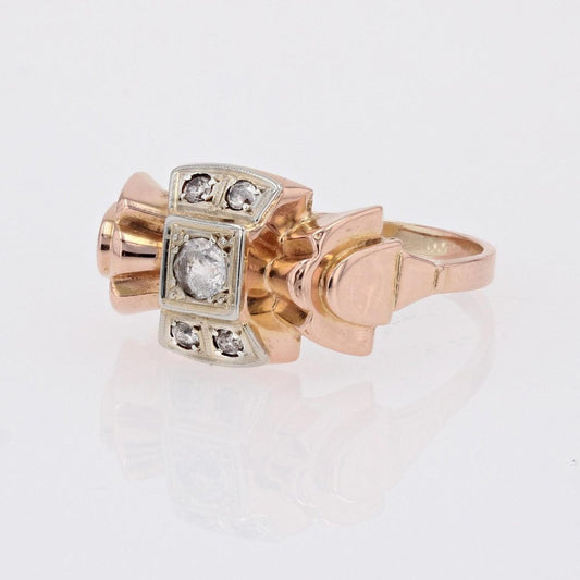 French White Sapphires 18 Karat Rose Gold Knot Tank Ring, 1940s