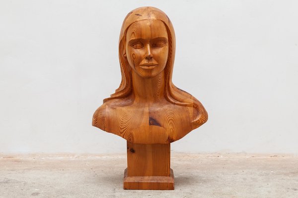 French Women Bust Sculpture Marianne Goddess of Liberty in Solid Wood, 1960s-KL-740936