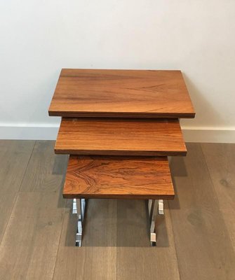 French Wood and Chrome Nesting Tables, 1970s, Set of 3-BA-658364