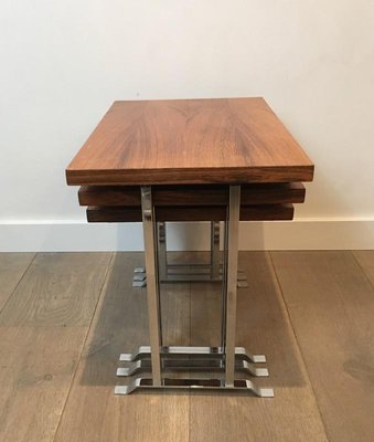 French Wood and Chrome Nesting Tables, 1970s, Set of 3-BA-658364