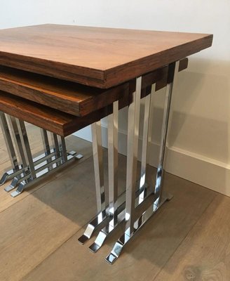 French Wood and Chrome Nesting Tables, 1970s, Set of 3-BA-658364