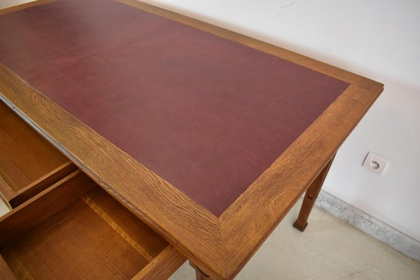 French Wood and Leather Desk with Chair, 1920s, Set of 2-GXL-1757294