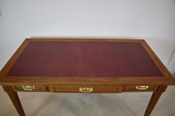 French Wood and Leather Desk with Chair, 1920s, Set of 2-GXL-1757294