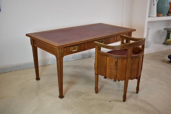 French Wood and Leather Desk with Chair, 1920s, Set of 2-GXL-1757294