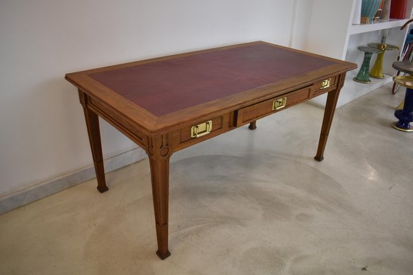 French Wood and Leather Desk with Chair, 1920s, Set of 2-GXL-1757294