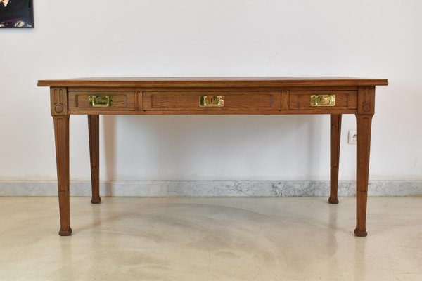 French Wood and Leather Desk with Chair, 1920s, Set of 2-GXL-1757294