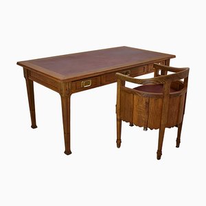 French Wood and Leather Desk with Chair, 1920s, Set of 2-GXL-1757294