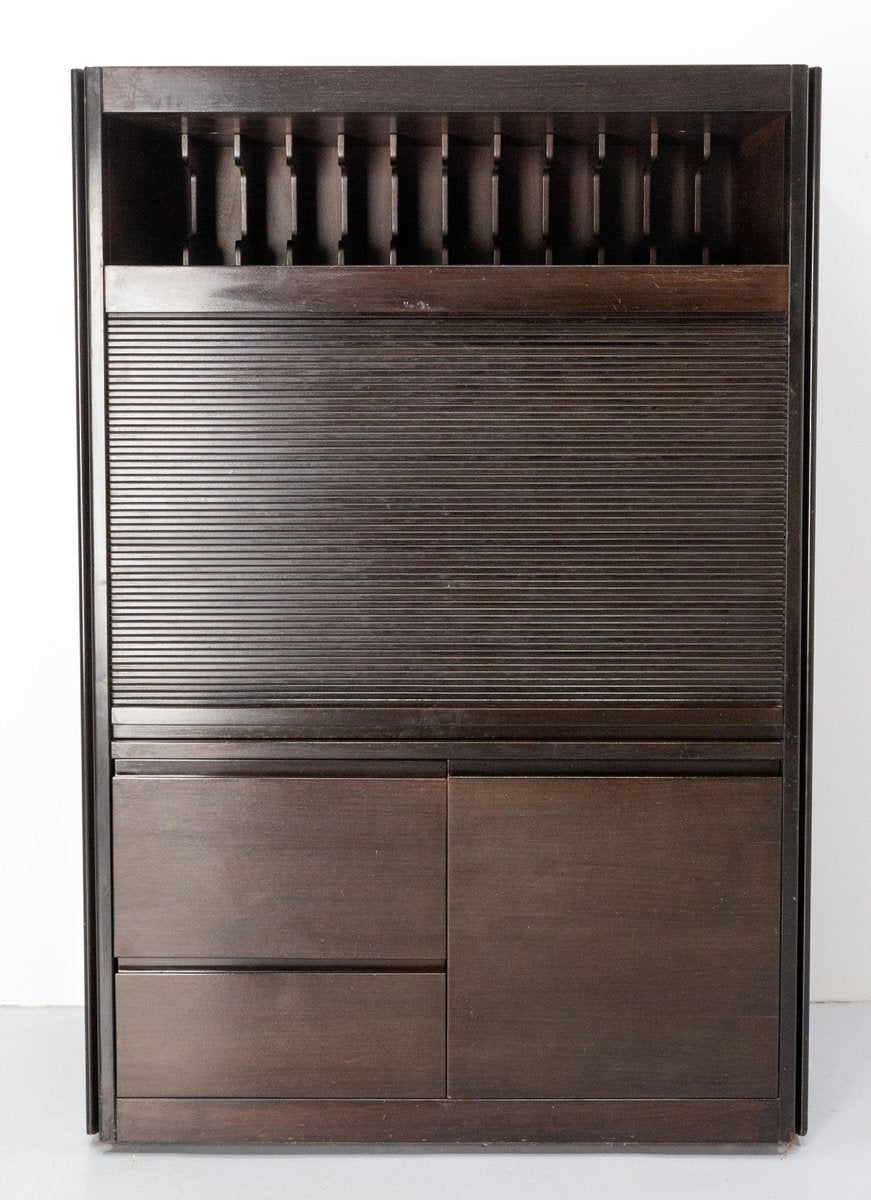 French Wood Cabinet with Tambour Roll-Top, 1980s