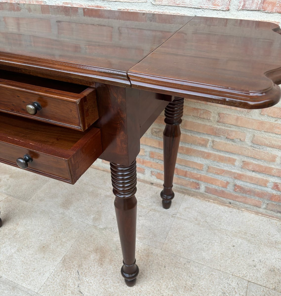 French Wooden Nesting Table with Wings and Two Drawers, 1920s