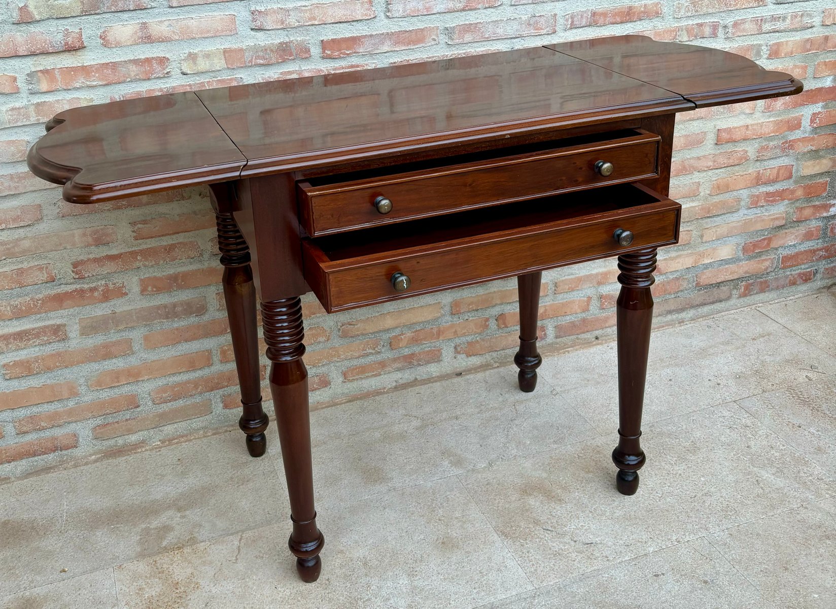 French Wooden Nesting Table with Wings and Two Drawers, 1920s