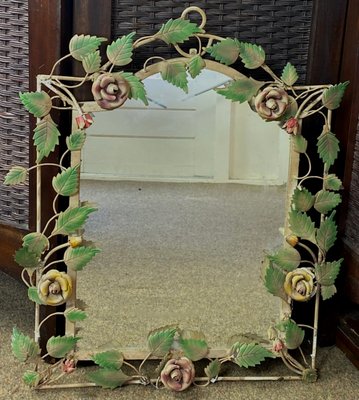 French Wrought Iron Mirror with Roses, 1970s-WZZ-777110